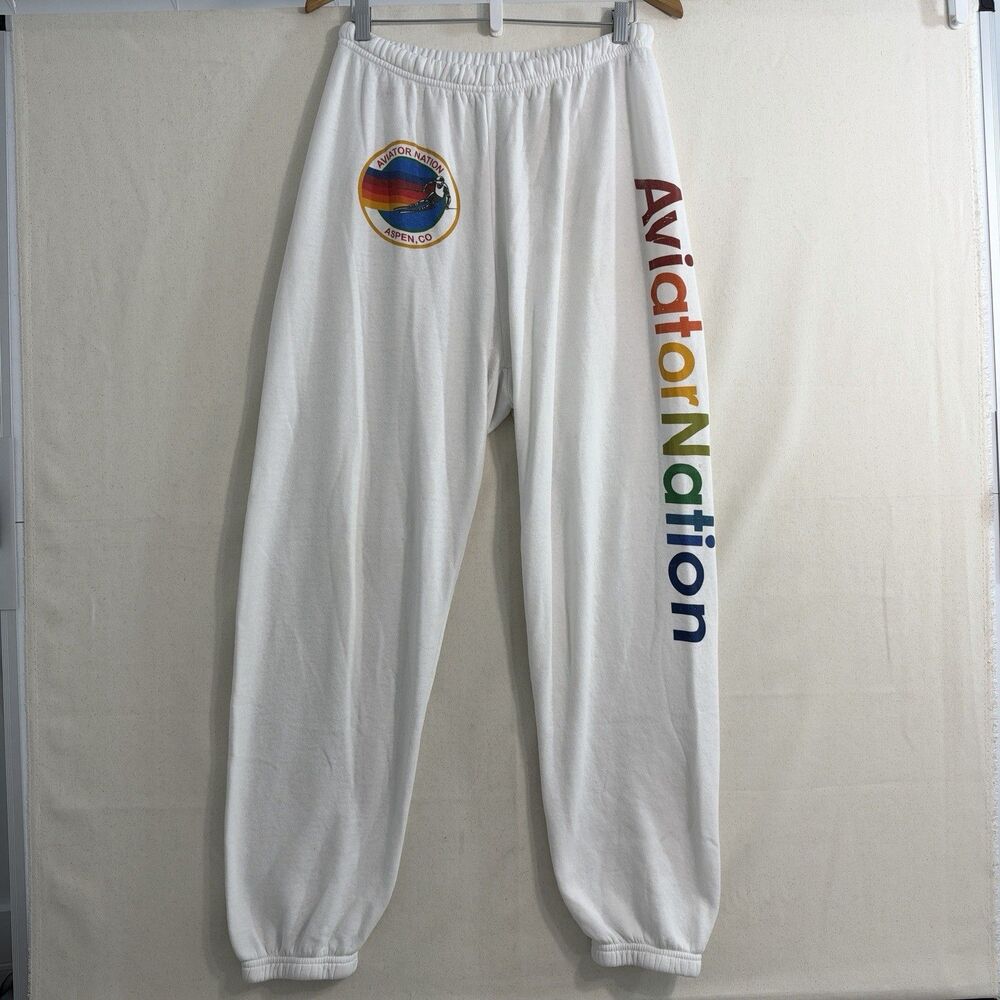 Aviator Nation Aspen CO Rainbow Logo White Sweatpants Joggers Size XL USA